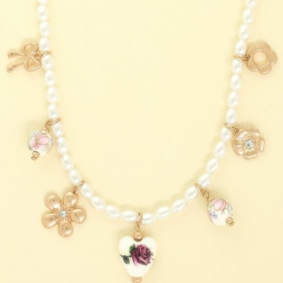 Floral Charmed Pearl Beaded Necklace - Picture 1 of 2